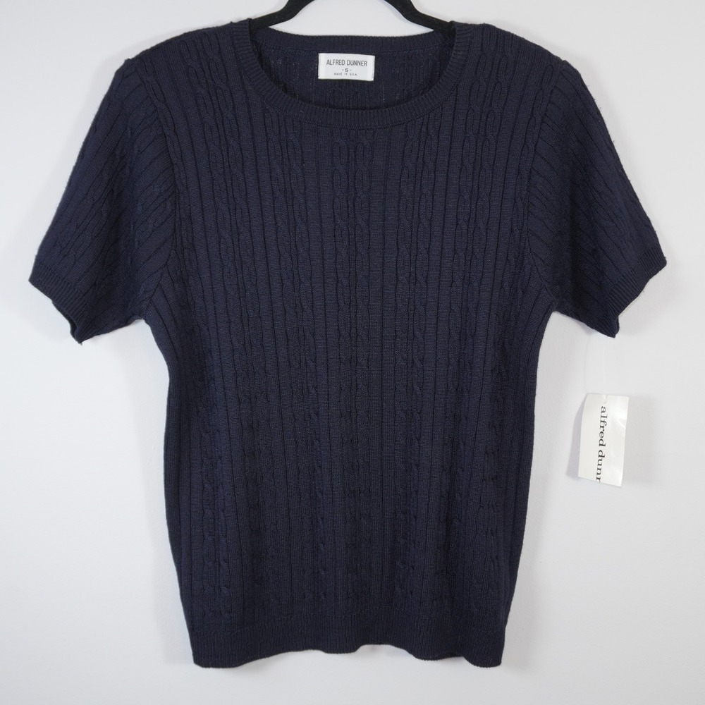 Vintage Alfred Dunner Navy Cable Knit Sweater Top Made in USA Preppy Fisherman S
